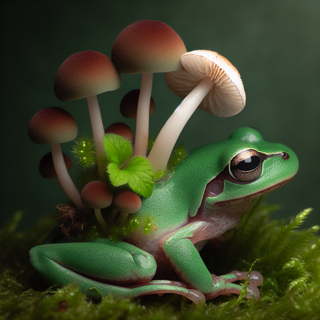 "A fascinating photograph for children of a frog with a mysterious guest – a mushroom growing on its back!"