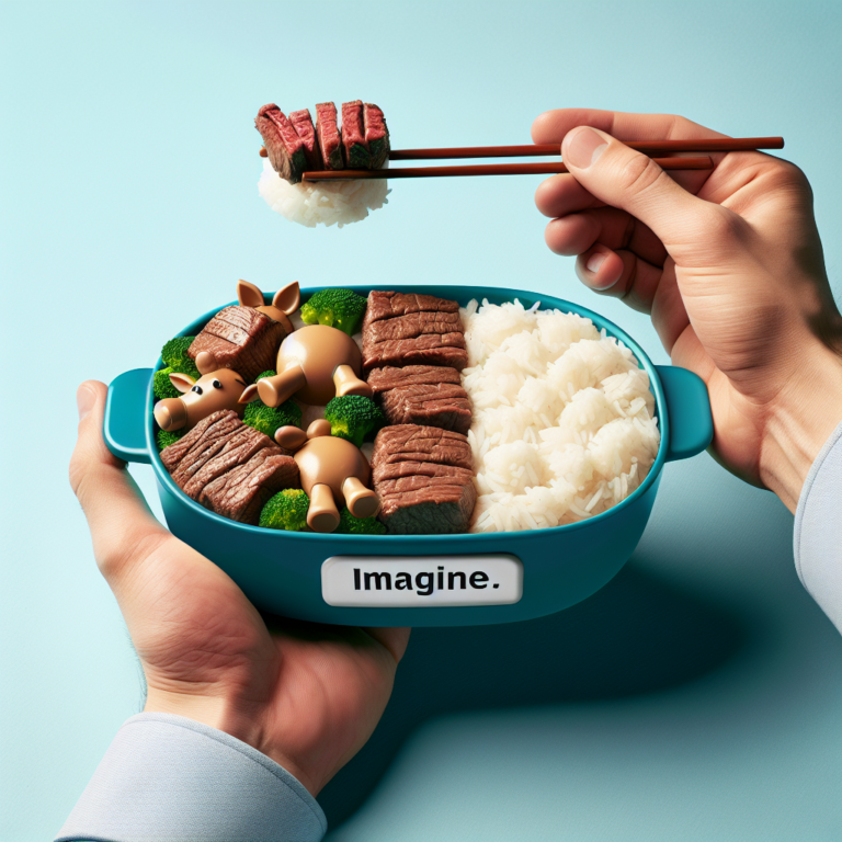 "A captivating photograph showcasing the innovative beef-rice hybrid food for kids!"