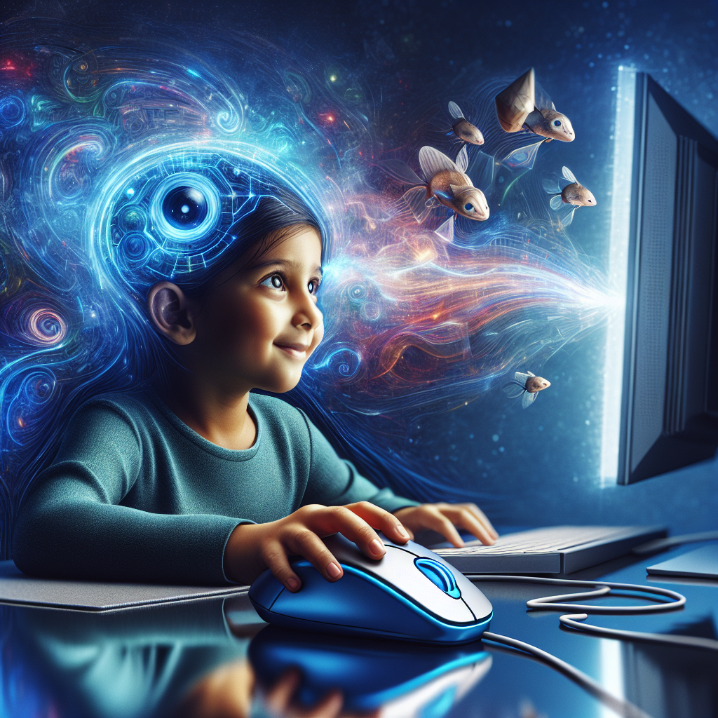 "A fascinating image for children of a person controlling a computer mouse using only their thoughts!"