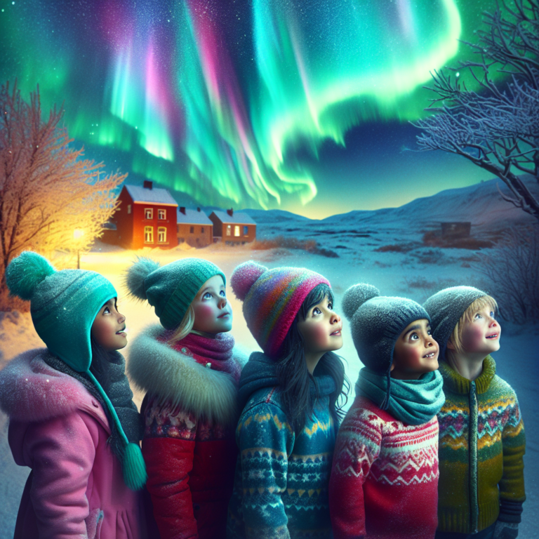 A photography for children of the mesmerizing Northern Lights illuminating the European winter skies.