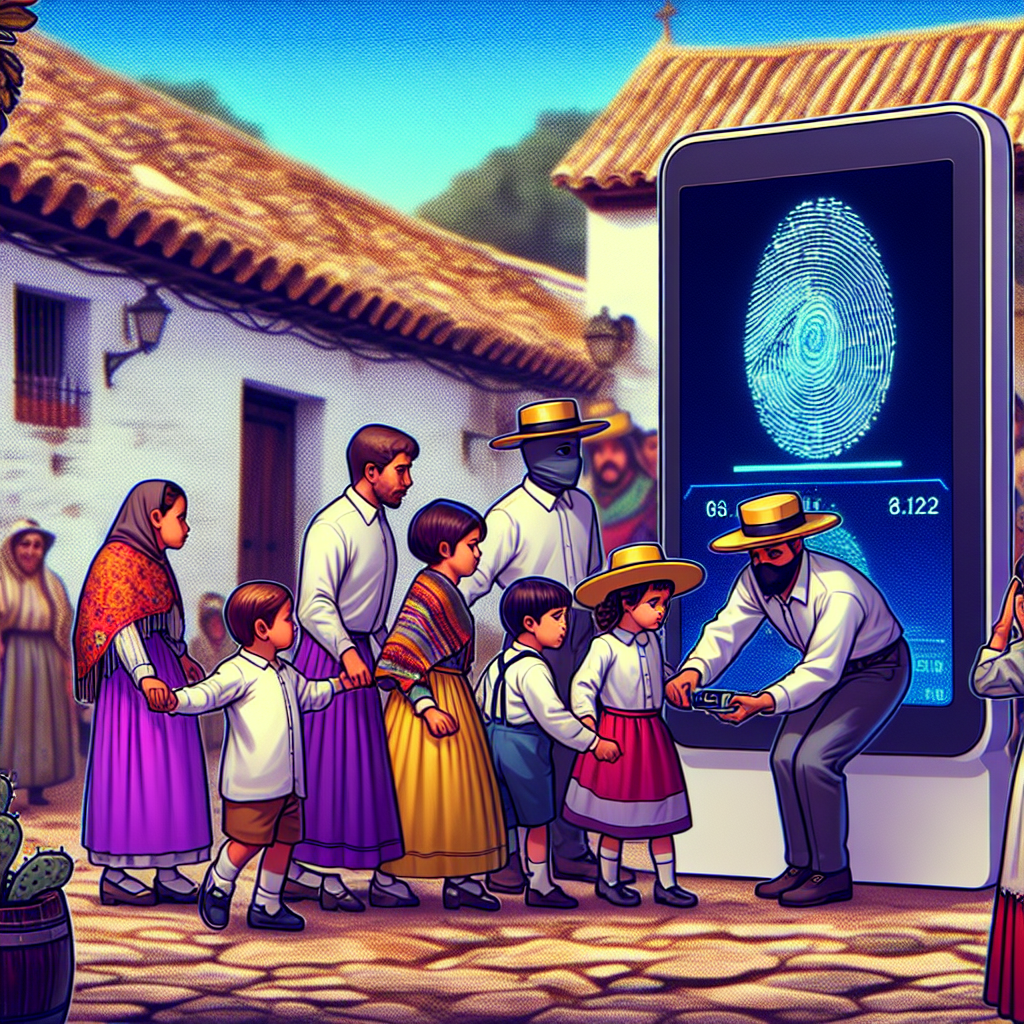 "A photography for children of a mysterious company in Spain offering cryptocurrency in exchange for iris scans."