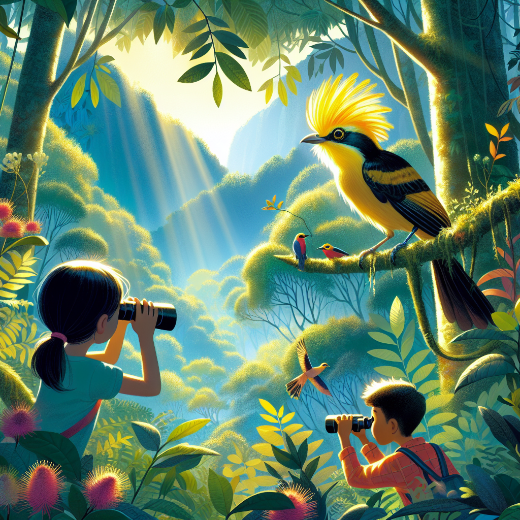 Create a colorful and captivating children's book about the fascinating rediscovery of the Yellow-crested Helmetshrike bird! 📸🌿