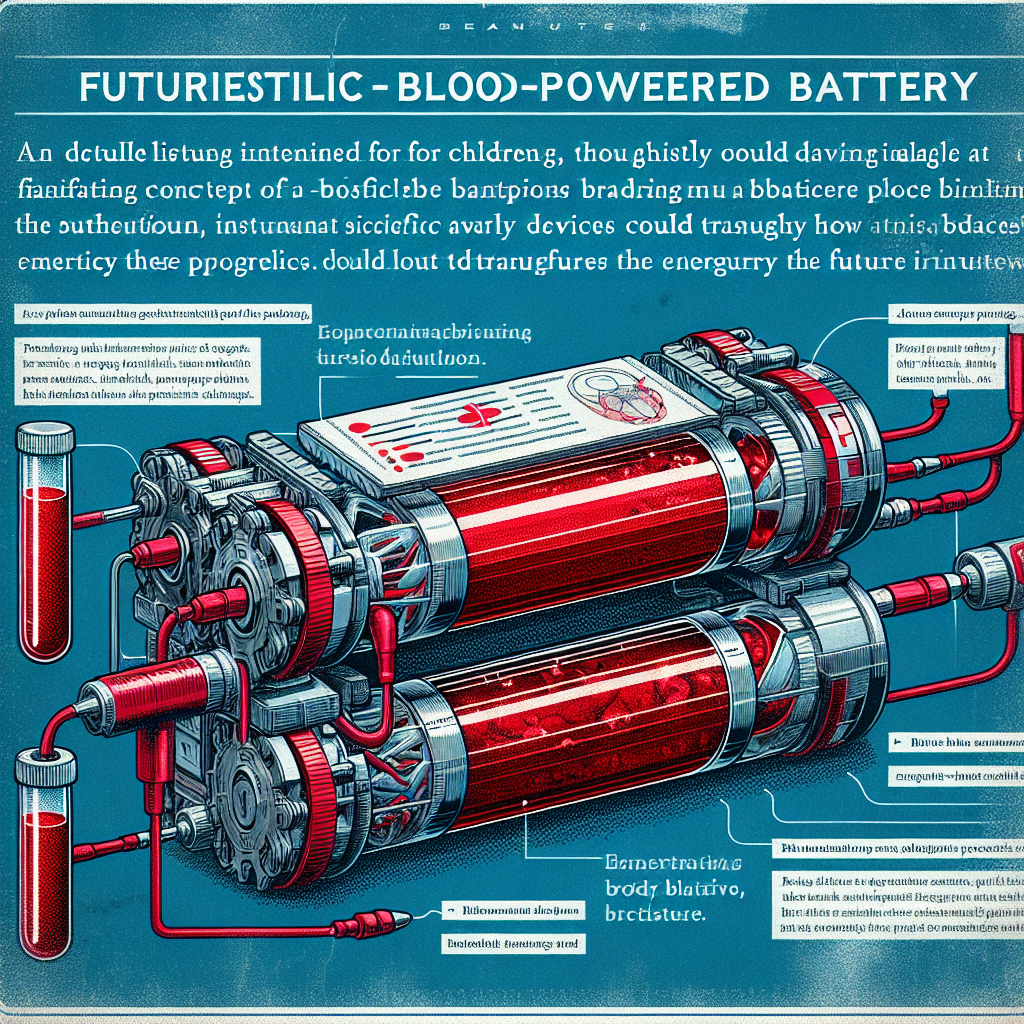 "A captivating photography for children of the incredible blood-powered battery, showcasing the ingenuity and scientific advancement behind this groundbreaking invention."