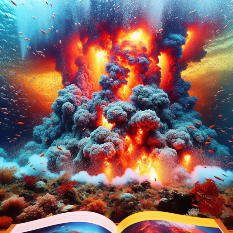 A photography for children capturing the awe-inspiring power of underwater volcanic eruptions near Japan.