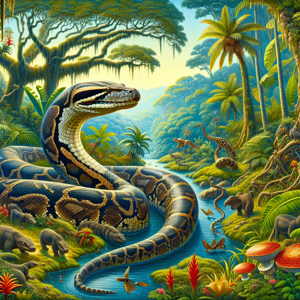 A photograph for children of the newly discovered giant anaconda species in South America, Eunectes akayima, showcasing its impressive size and unique features in its natural habitat.