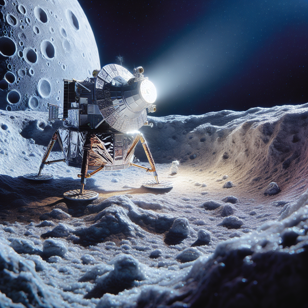 "A photograph for children of a groundbreaking American spacecraft landing on the Moon for the first time in over 50 years, uncovering ice in a crater near the lunar south pole!"