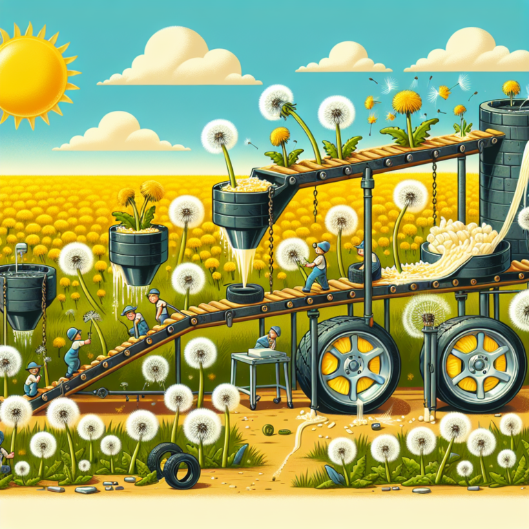 "A captivating photography for children showcasing the fascinating world of dandelion rubber tire production."