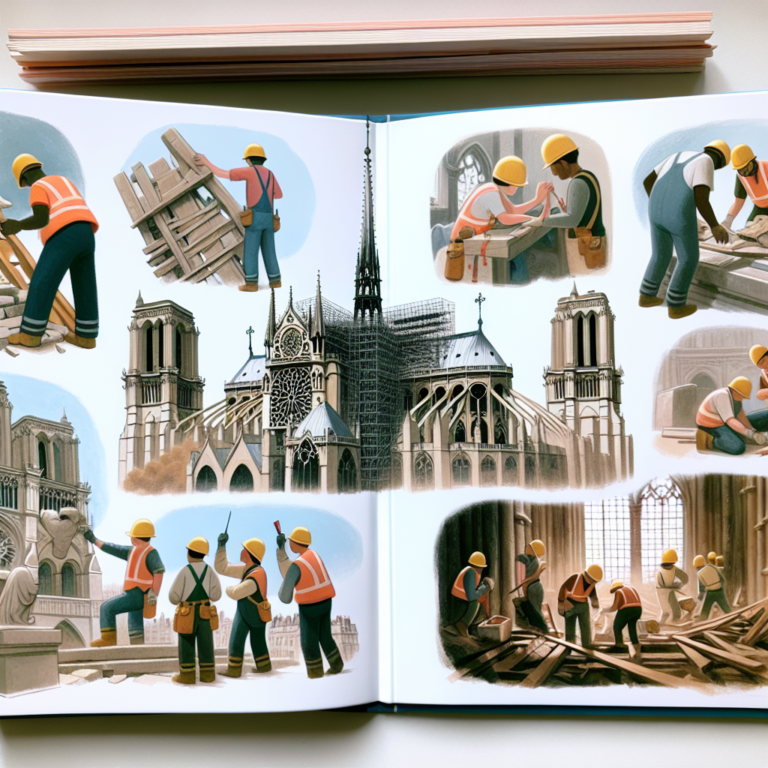 "A captivating photo series for children documenting the heroic restoration efforts of Notre-Dame Cathedral in Paris."