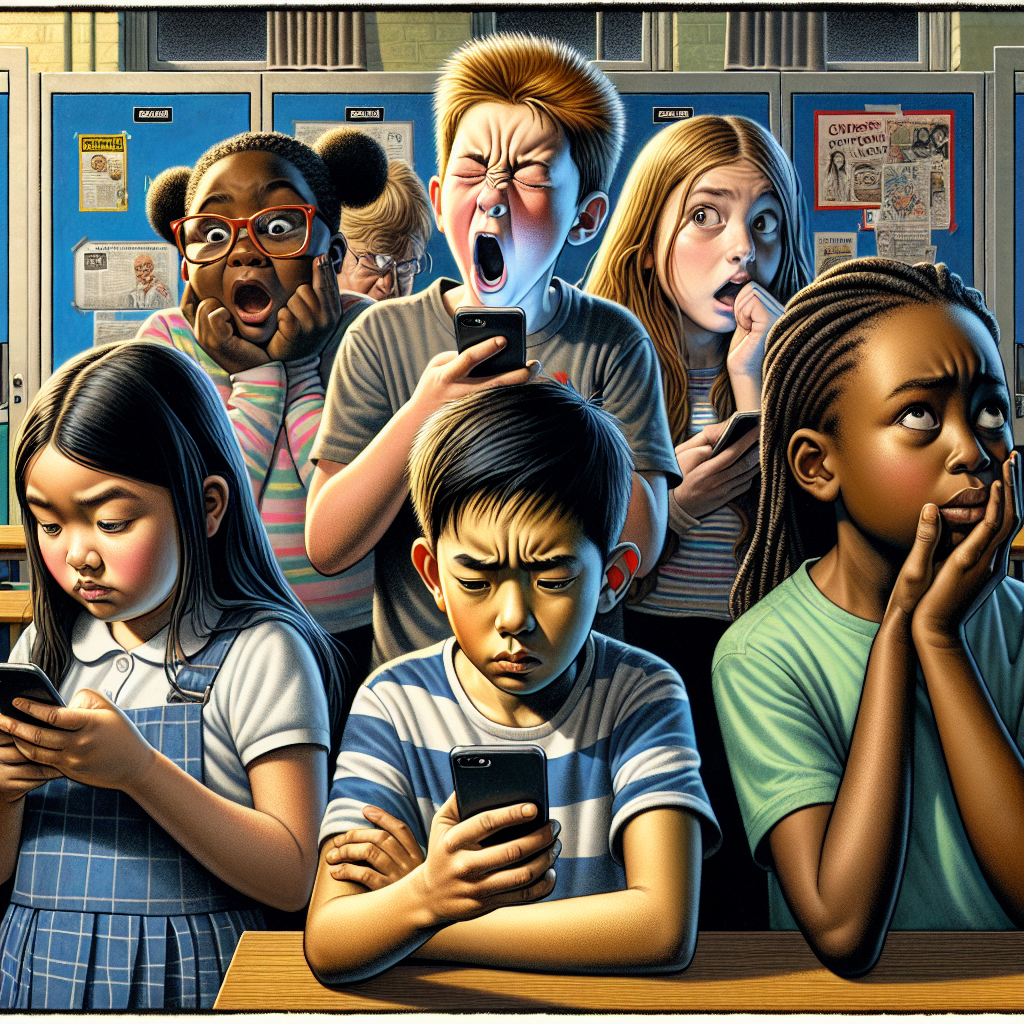 "A photography for children of the UK's proposed ban on mobile phones in schools."