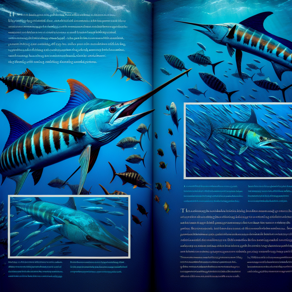 How striped marlins use color coordination to communicate while hunting for their prey, captured through the lens of a children's nature photography book.