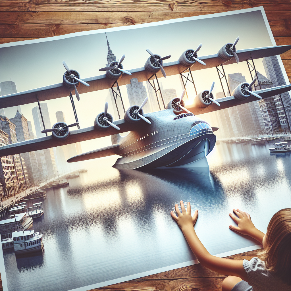 "A captivating photography for children of the revolutionary giant seaplane, showcasing its groundbreaking design and the incredible potential it holds for the future of aviation."