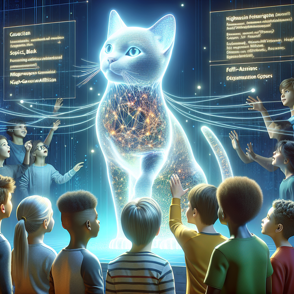 "A photography for children of the innovative Chat Mistral, a virtual feline assistant revolutionizing the world of artificial intelligence."