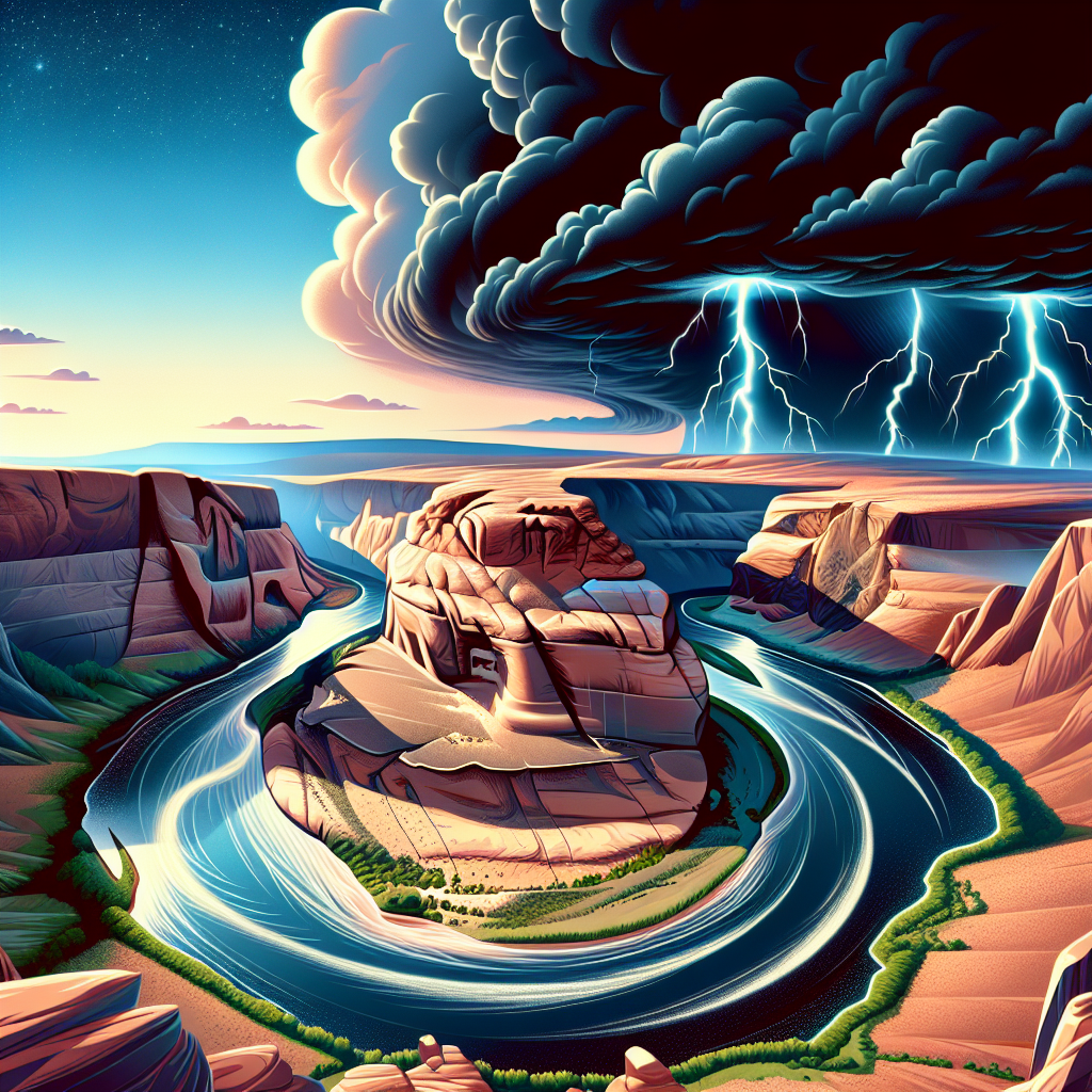 "A stunning photography for children of a mesmerizing natural phenomenon during a storm at Horseshoe Bend!"