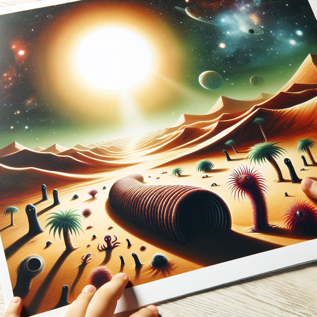 A photograph for children of the incredible landscapes that inspired the film Dune, featuring majestic sand dunes and fantastic creatures reminiscent of the fictional sandworms.