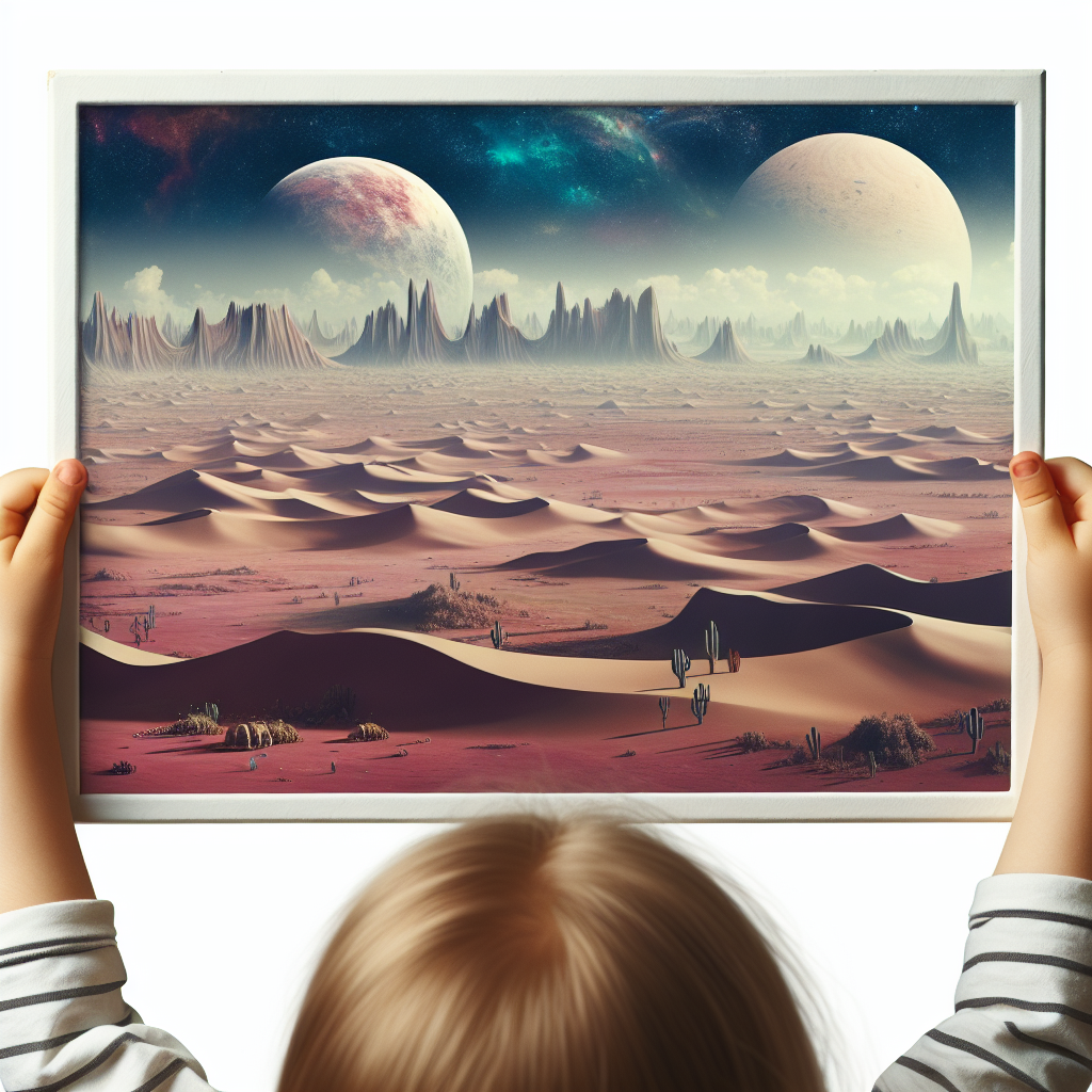 "A photography for children of distant planets covered in sand, just like the adventures on Arrakis in the book Dune."