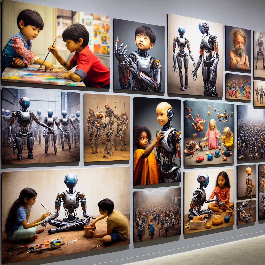 "A children's photography exhibition featuring futuristic robots learning to create art and collaborate with humans."