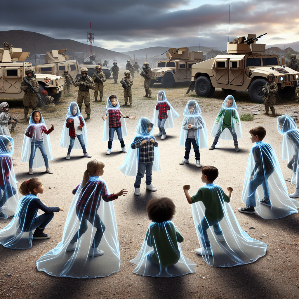 A photography for children of soldiers using high-tech invisible capes on the battlefield.
