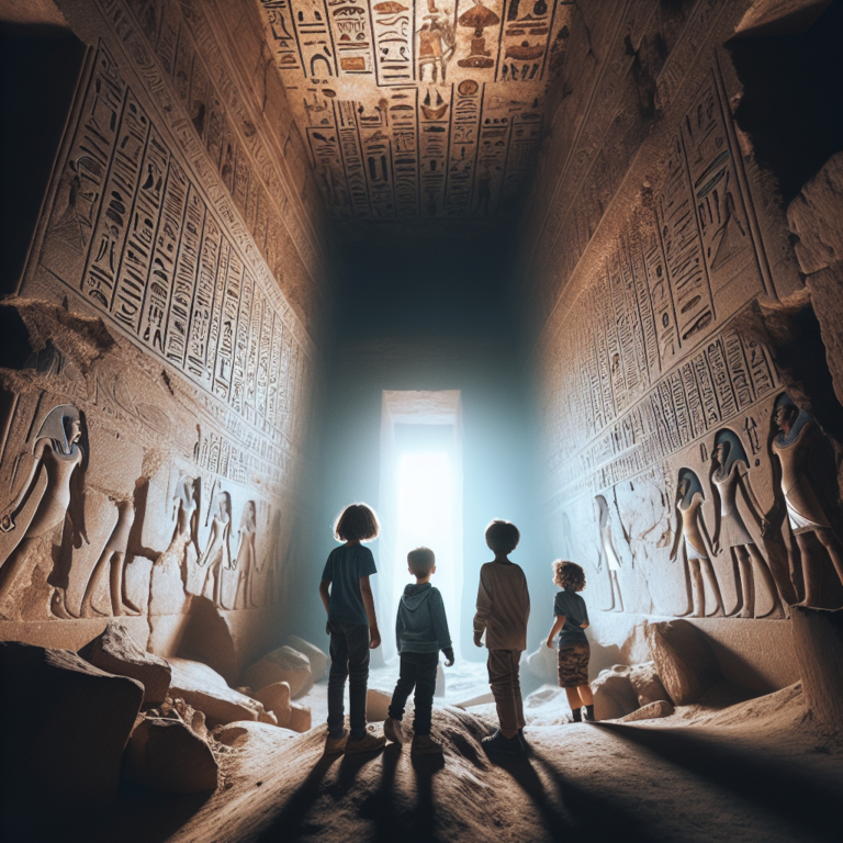 "A captivating photography for children of the newly discovered tunnel beneath an ancient Egyptian temple, potentially linked to Cleopatra."