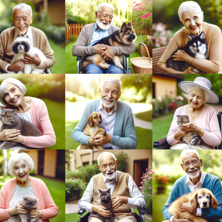 "A photography for children of adorable elderly individuals enjoying the company of their beloved pets, keeping their minds sharp and spirits uplifted."