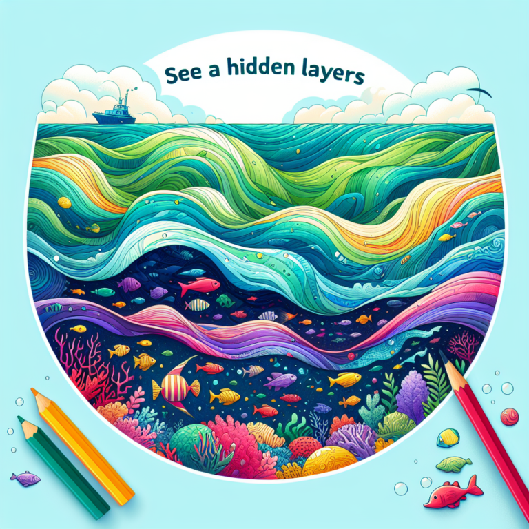 "A photography for children of colorful ocean waves and hidden layers of saltwater, revealing the fascinating secrets of our planet's vibrant seas."