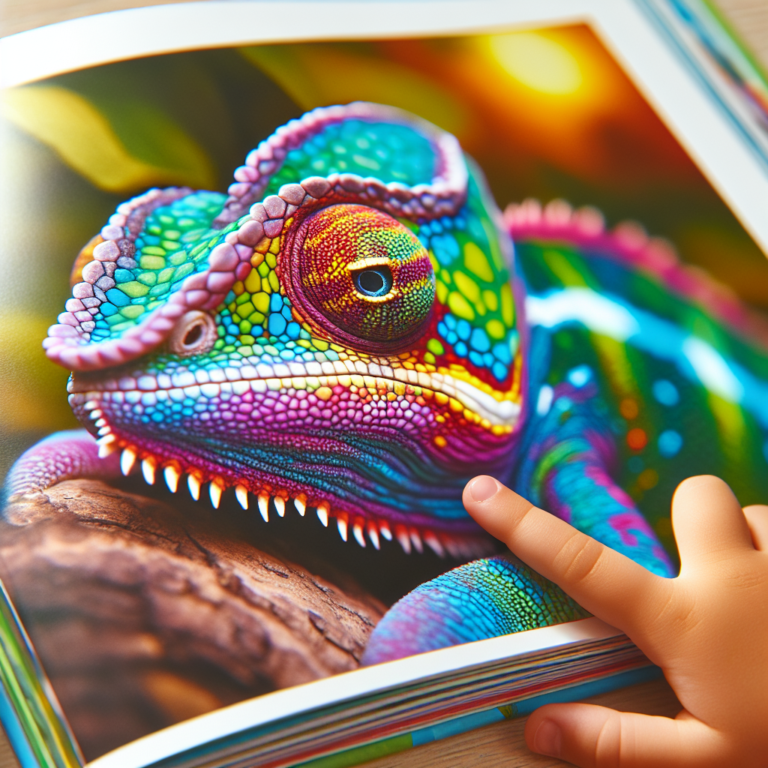 A photography for children of an illuminating chameleon showcasing its vibrant colors before its final farewell.