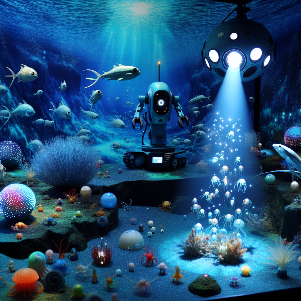 A photography for children of an underwater robot uncovering mysterious deep-sea creatures in the depths of the ocean!