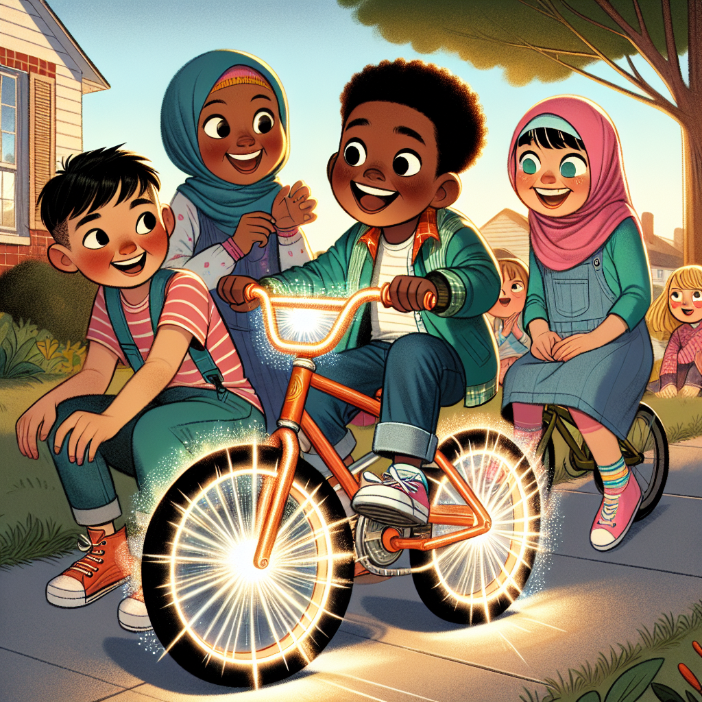 Create a whimsical illustration capturing the excitement of children riding a bike with a magical electric wheel.
