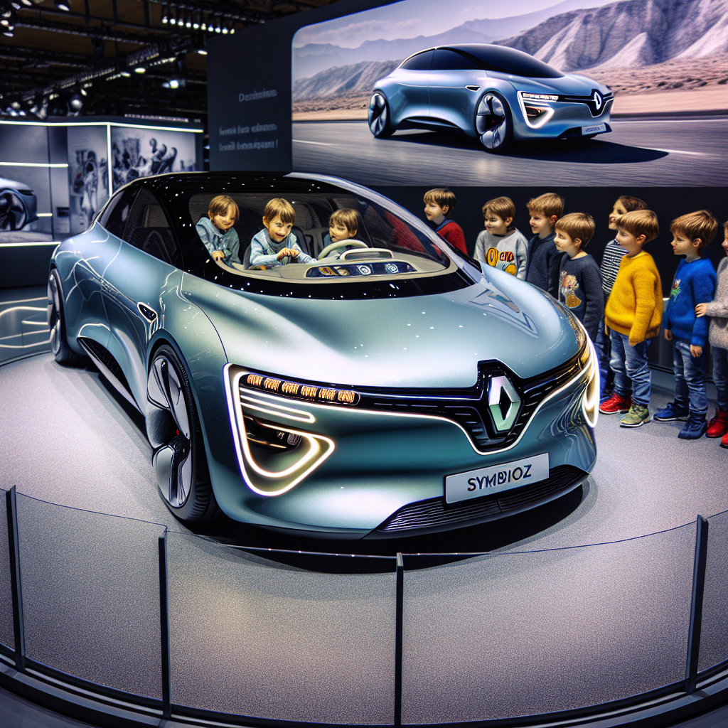 A photography for children of the futuristic Renault Symbioz hybrid car.