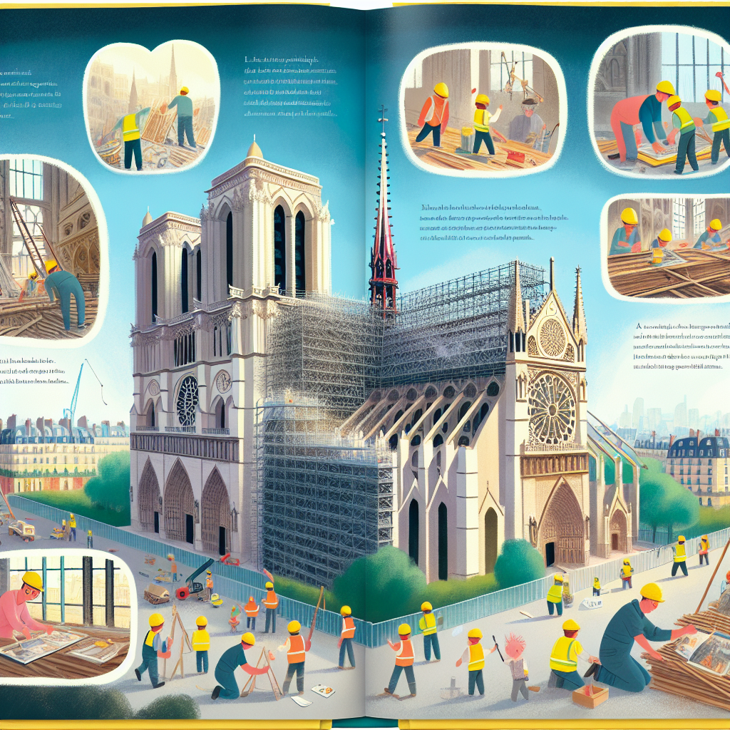 "a photo book for children showcasing the incredible reconstruction efforts of Notre-Dame Cathedral in Paris."
