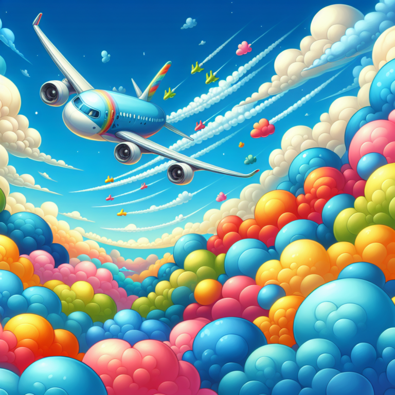 A photography for children of planes soaring through the sky, leaving behind a trail of colorful pollution clouds.