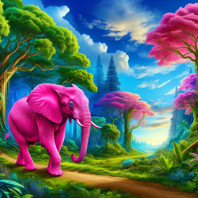 "A captivating photograph for children of a rare pink elephant in the wild, showcasing the wonders of nature's colorful surprises!"