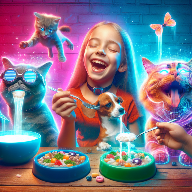 "A fun and educational children's photography project capturing the joy of pets enjoying their futuristic meals."