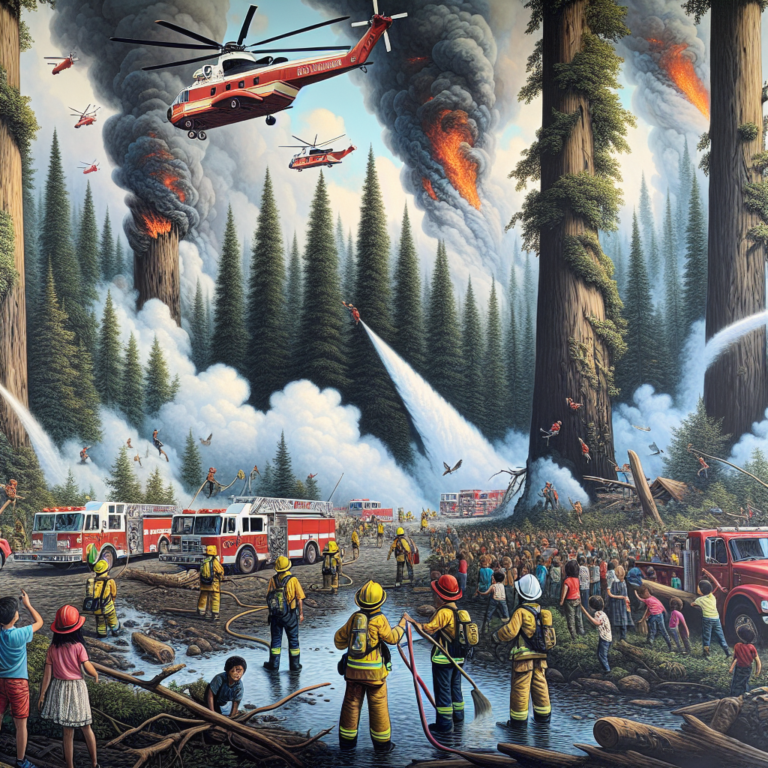 A photography for children of firefighters battling a large forest fire in Canada with helicopters and fire trucks in action.