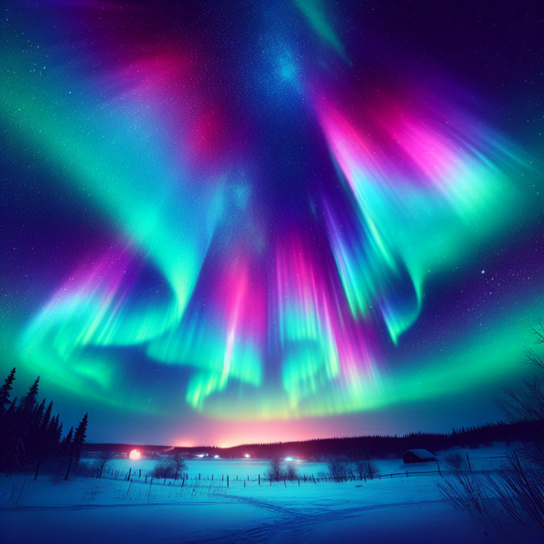 "A photography for children of a colorful aurora borealis lighting up the night sky with shades of green, pink, and blue."