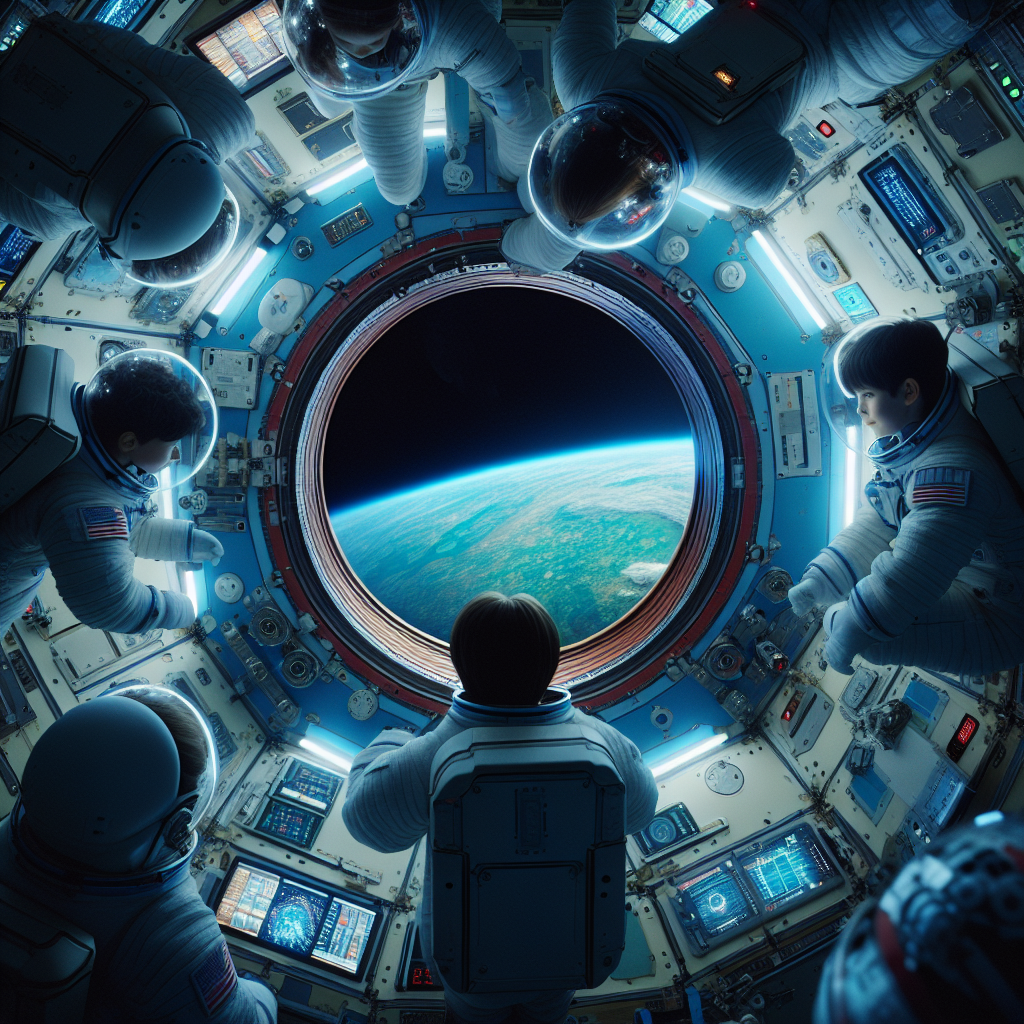 A photography for children of Sophie Adenot floating in the International Space Station, wearing an astronaut suit with Earth visible through a window.