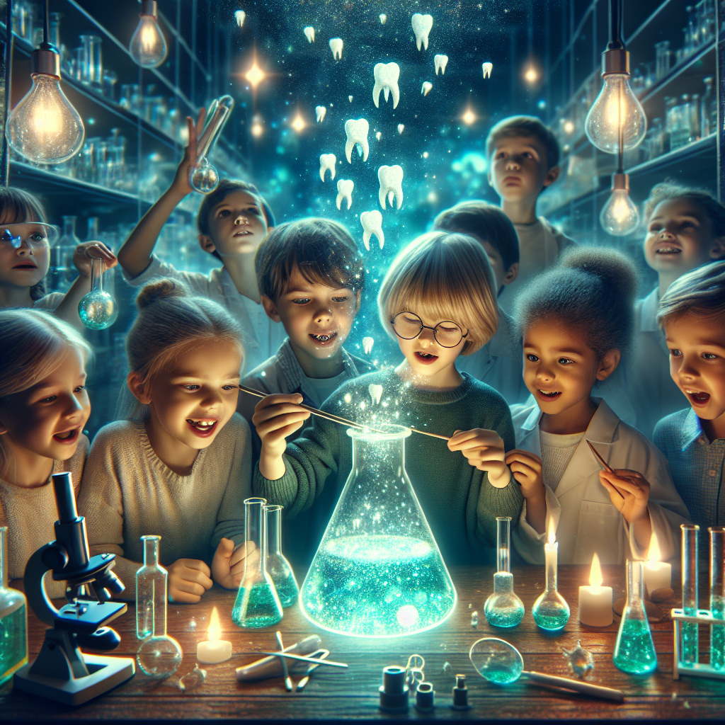 A photography for children of scientists in a laboratory discovering a magical medicine that makes teeth grow back.