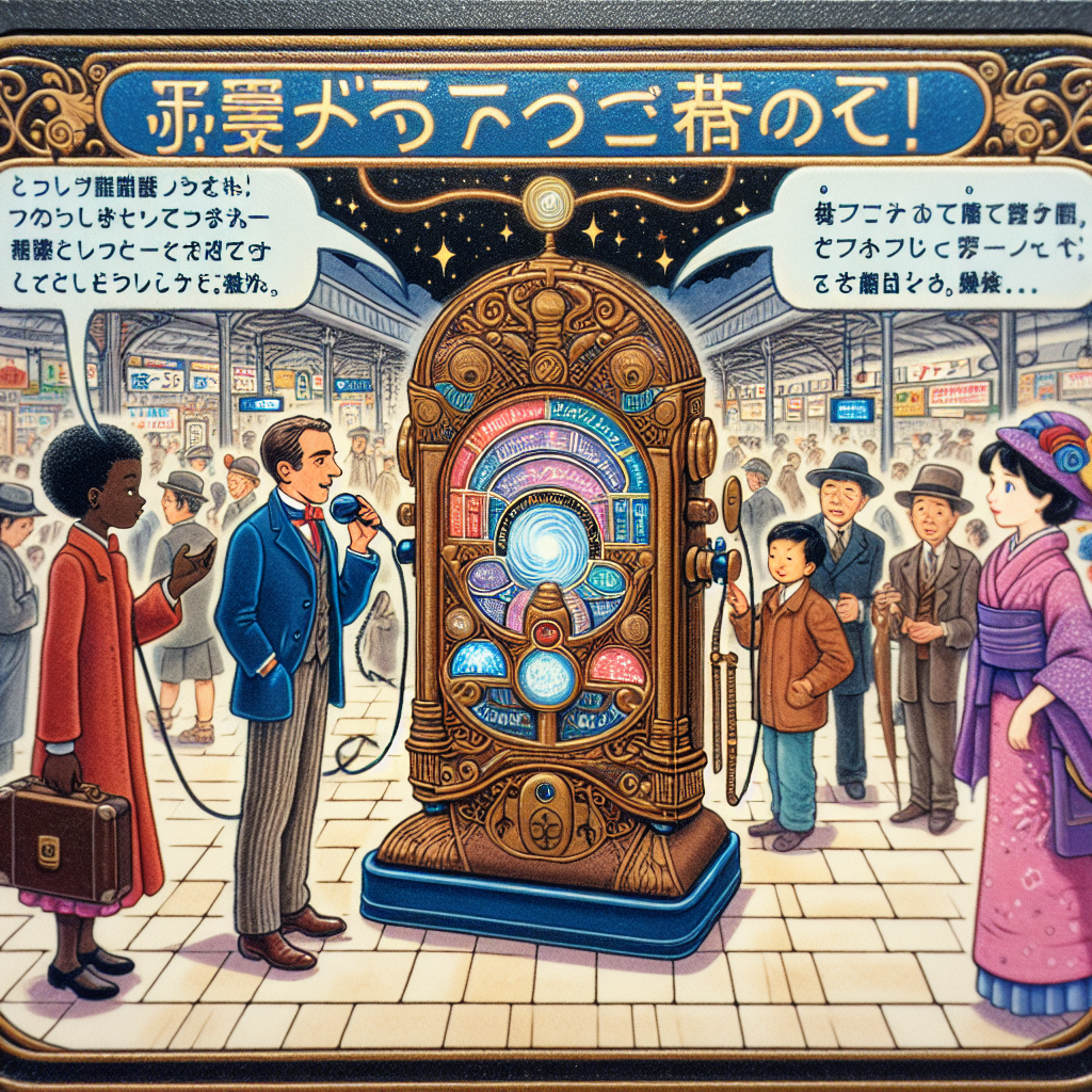 "A photography for children of a magical translation screen in a busy Tokyo train station, with a French-speaking tourist and a Japanese ticket seller communicating through it."