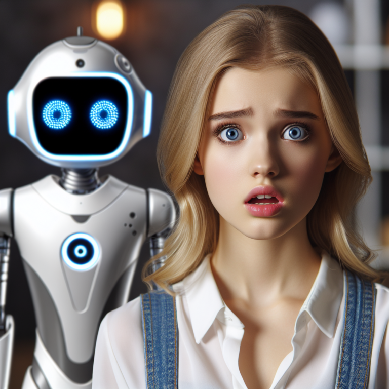 "a photography for children of a famous actress, Scarlett Johansson, looking surprised and angry with a futuristic robot voice assistant that sounds like her in the background"