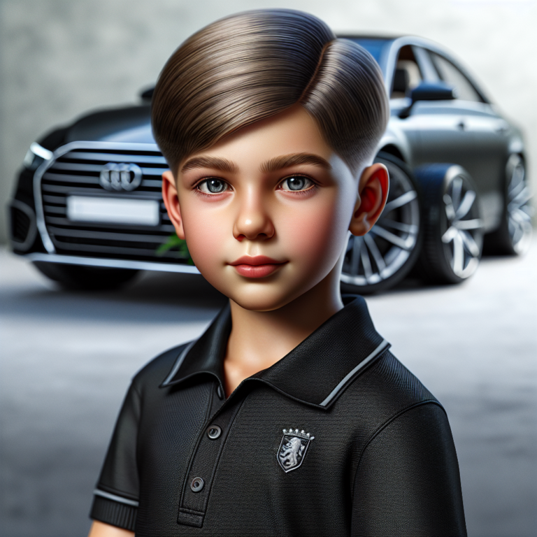A photography for children of a young Russian hacker with a military haircut, wearing a black polo shirt and a serious expression, standing next to a new Mercedes AMG.