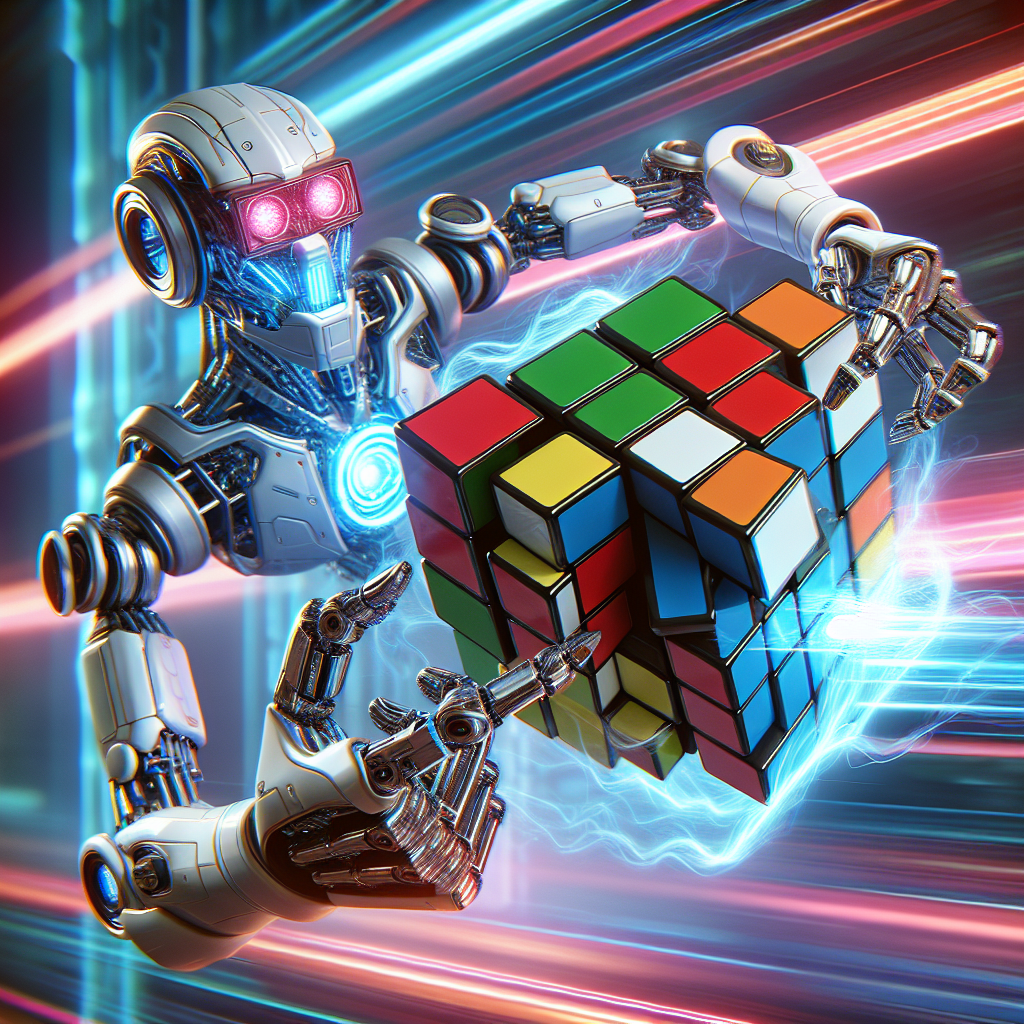 A photography for children of a futuristic robot solving a Rubik’s Cube in a fraction of a second.