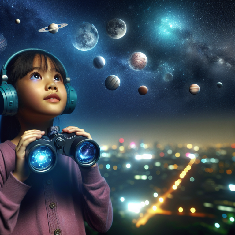 A photography for children of a kid using high-tech augmented reality binoculars to observe stars and planets in the night sky.