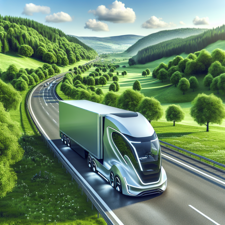 A photography for children of a futuristic, eco-friendly hybrid truck with sleek aerodynamic design, driving on a highway surrounded by green landscapes.