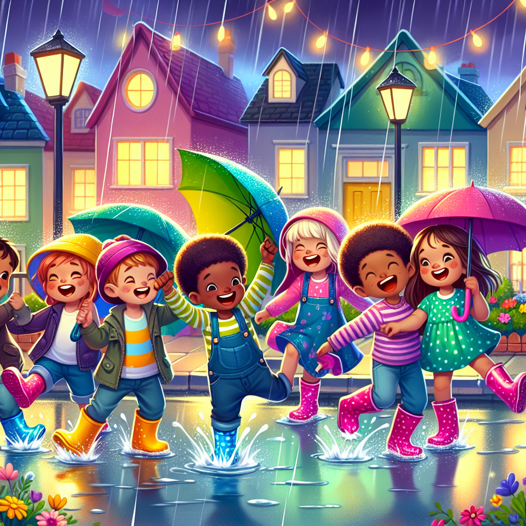 A photography for children of a rainy day with playful puddles, colorful rain boots, and kids holding bright umbrellas, set in a cheerful neighborhood.