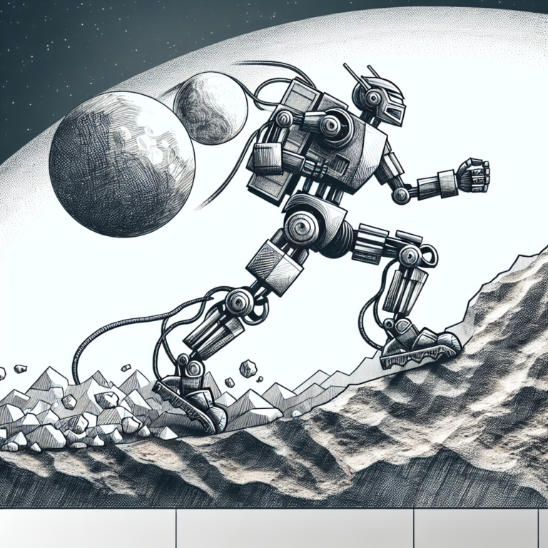 A photography for children of a superhero-like, four-legged robot climbing a rocky wall on the moon or Mars.