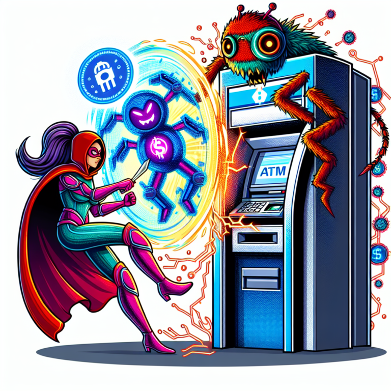 a photography for children of a superhero stopping a malware from attacking an ATM machine, in a colorful and cartoonish style.