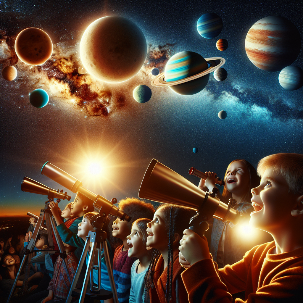 A photograph for children of six aligned planets in the night sky with a cheerful moon nearby and kids with telescopes looking up in excitement.