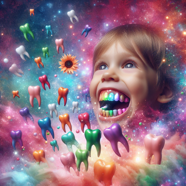 "Create a photography for children of colorful and happy teeth growing back in a child's mouth like magic."