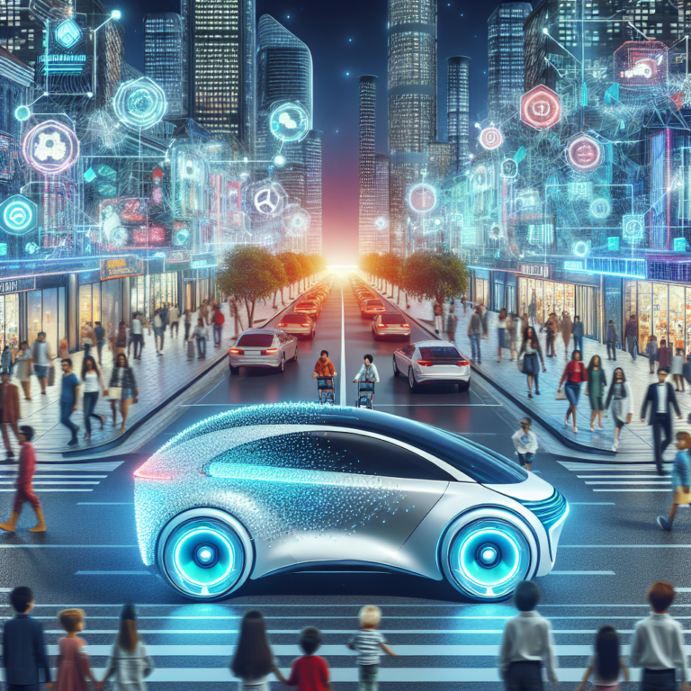 A photography for children of a futuristic hybrid car with both electric and gasoline engines, equipped with AI, driving through a vibrant city.