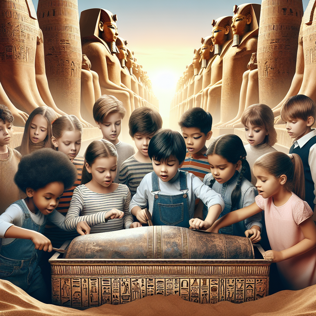 "A photography for children of archaeologists carefully uncovering an ancient sarcophagus of Ramses II with ancient Egyptian monuments in the background."