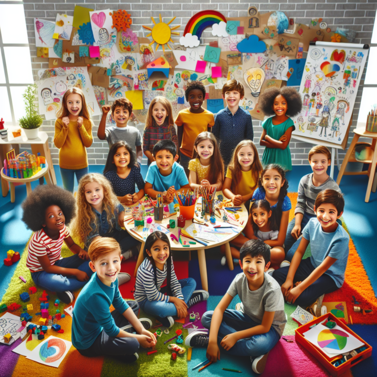 A photography for children of a cheerful team working together and creating innovative projects in a bright, playful office setting.